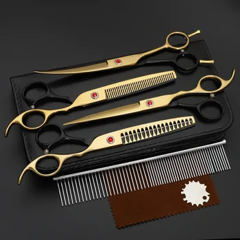 Namų augintinių šunų plaukų žirklės 4-piece set (straight + lenktas + dantų žirklės + žuvų kaulų žirklės) aukso su korio ir maišelis