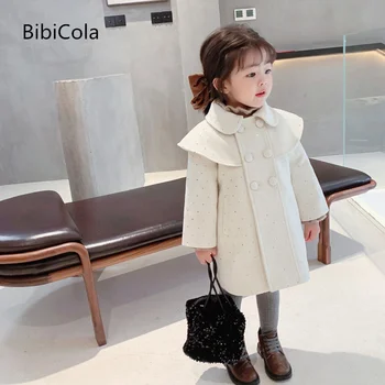 Merginos storas vilnonis paltas 2022 naujų korėjos rudens stiliaus švarkelis mergaitėms cape baby doll, apykaklė kailis 2-6 metų amžiaus atsitiktinis striukė