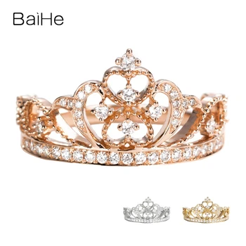 BAIHE Kietas 14K Rose Gold Gamtinių Deimantų, Crown Princess Žiedas Moterims Vestuvių Mados Fine Jewelry Making Корона кольцо טַבַּעַת