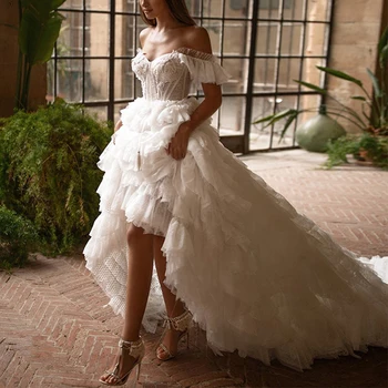 Brangioji Nuotakos Suknelės Nuo Peties Backless Nėrinių Vestuvių Suknelė Iki 2022 M. Princesė Klostyti Tiulio Traukinio Chalatas De Mariée 4