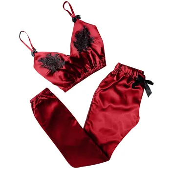 Vintage Red Moterų Sleepwear Sexy Satin Pajama Nustatyti Black Lace V-Neck Pižamos Rankovių Mielas Cami Viršaus ir Kelnės Nustatyti moteris