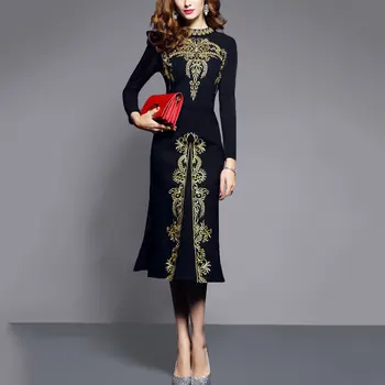 Elegantiškas Moteris Vakarinę Suknelę Aukštu Kaklu Ilgomis Rankovėmis Vintage Gold Black Print 
