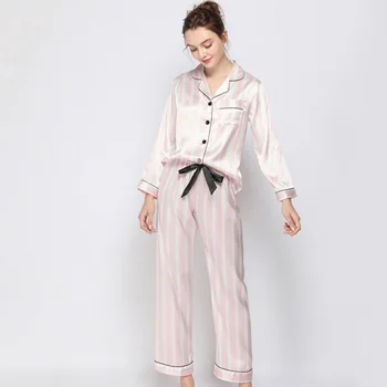 Nauja Vasaros Moterų Pižama Nustatyti Ilgomis Rankovėmis Rožinė Dryžuota Spausdinti Pižama 2 Vnt Seksualus Sleepwear Femme Namų Drabužius, Naktiniai Drabužiai Pyjama