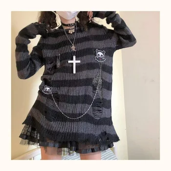 Moterų Megztinis Gothic Punk Megztas Dryžuotas Megztinis Megztinis Prarasti Tuščiaviduriai Iš Moterų Ilgas Megztinis Harajuku Streetwear Mujer