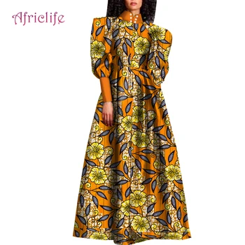 Afrikos Maxi Suknelė Moterims Senovinių Žibintų ilgomis Rankovėmis Aukštu Juosmeniu, su Dviem Kišenėmis Plisuotos Šalies Drabužių Vestido Femme WY9614