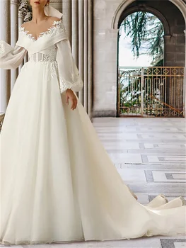 A-Line Wedding Dresses Brangakmenis Kaklo Teismas Traukinio Nėrinių Organza Ilgomis Rankovėmis Oficialų Seksualus Backless Su Appliques 2022 Nuo Peties