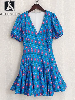 AELESEEN 2022 Vasaros Paplūdimio Mini Suknelė Moterims Mėlynos spalvos Gėlių Spausdinti V-Kaklo Sluoksniuotos Rankovėmis Klostyti-Line Elegantiškas Mados Atostogų