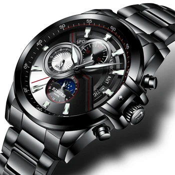 Naujo Prabangaus Prekės ženklo Vyrai Laikrodžiai BINGER Žiūrėti Vyrų Mėnulio Fazės Šviesos Laikrodžiai Vyrų Vandeniui Mechaninė Laikrodžius B1189-5