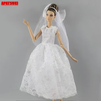 Balta Vestuvinė Suknelė Baltos Spalvos Lankas Šydas, Rankovių Šalis Suknelė Barbie Lėlės Komplektus Drabužius Barbie Lėlių Aksesuarai Vaikams 0