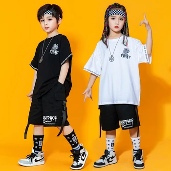 Vaikas Kpop Hip-Hop Drabužių Grafinis Tee Negabaritinių Marškinėliai Top Juoda Streetwear Baggy Pants Mergaitė Berniukas Džiazo Šokio Kostiumų Aprengti