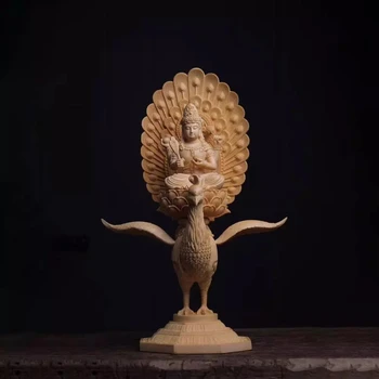 38cm Mahamayuri Pav Kipariso Medžio Budos Statula Povas Maha-mayuri-vidya-rajni Budos Skulptūra Namų Dekoro