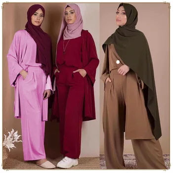 naujas stilius Musulmonų moterų mados mergaičių vientisos spalvos trijų dalių komplektas LR293 S-2XL
